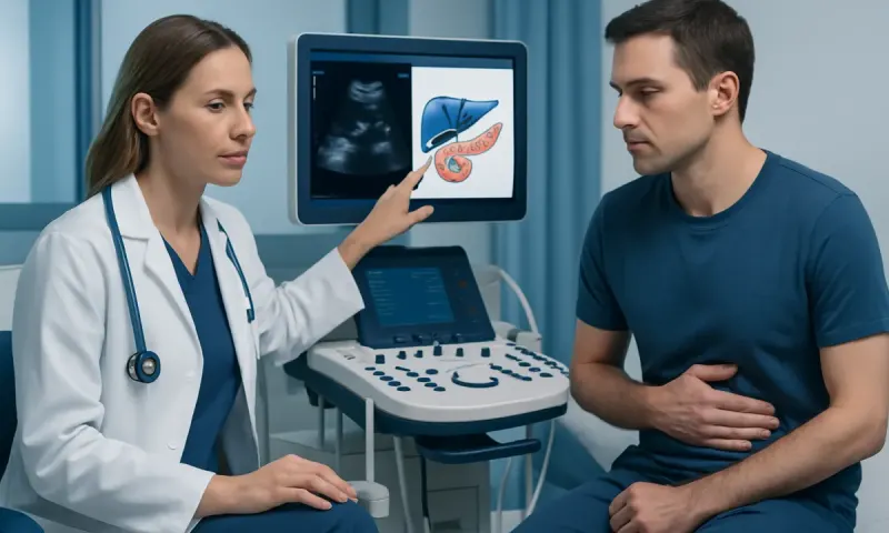 Doctor explaining gallbladder ultrasound to patient in clinic.