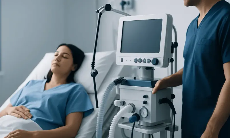 Patient in hospital bed connected to medical ventilator at Acibadem Hospital.