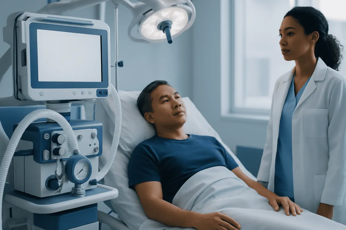 Hospital patient in bed with medical staff in a clinical setting.
