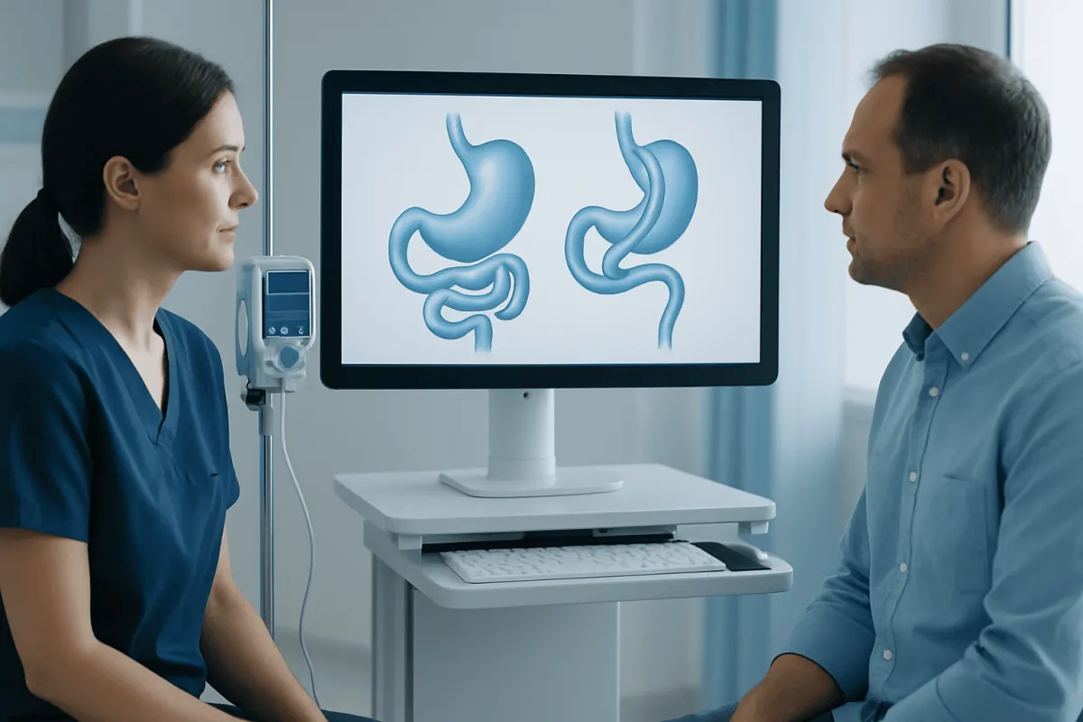 Doctor and patient discussing stomach images for gastric bypass evaluation.