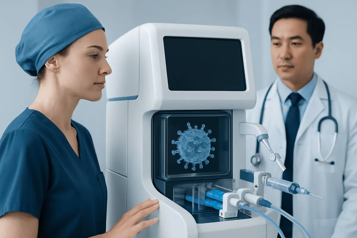 Medical professionals operate a gene therapy device in a clinical setting.