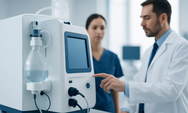 Medical professionals operate a dialysis machine in a hospital setting.
