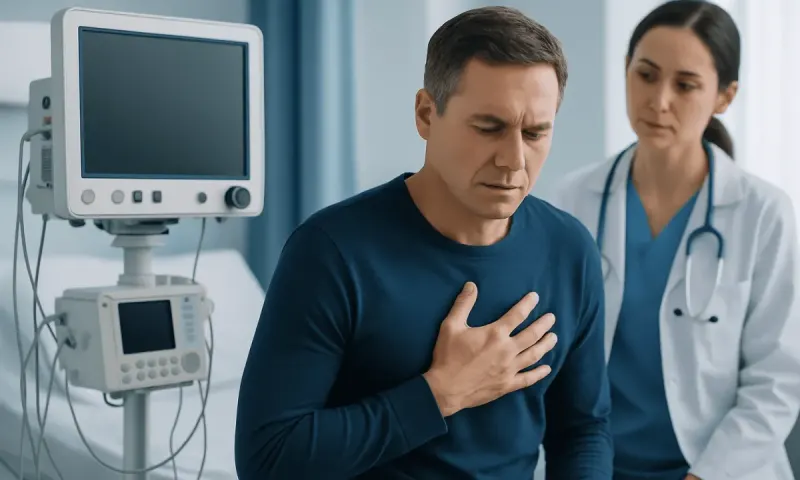 Man experiencing chest pain in a hospital setting with a doctor nearby.