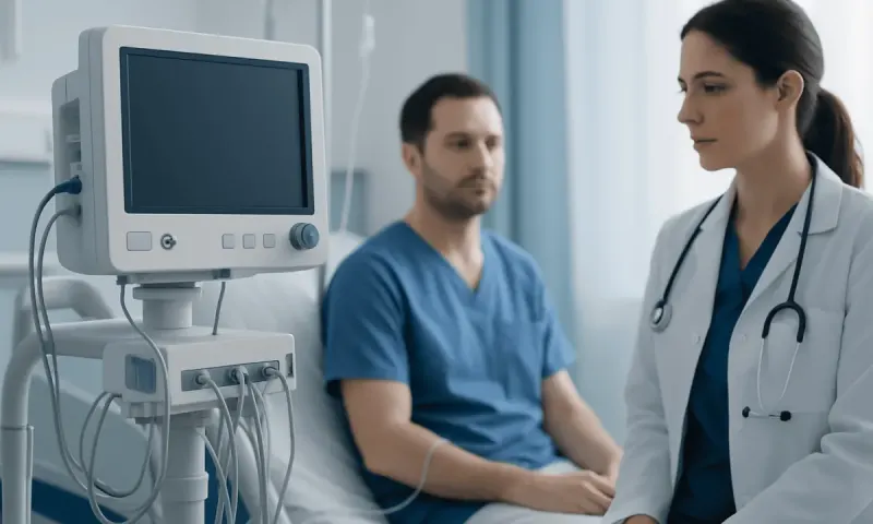 Doctor consulting with patient in hospital room with medical monitor.