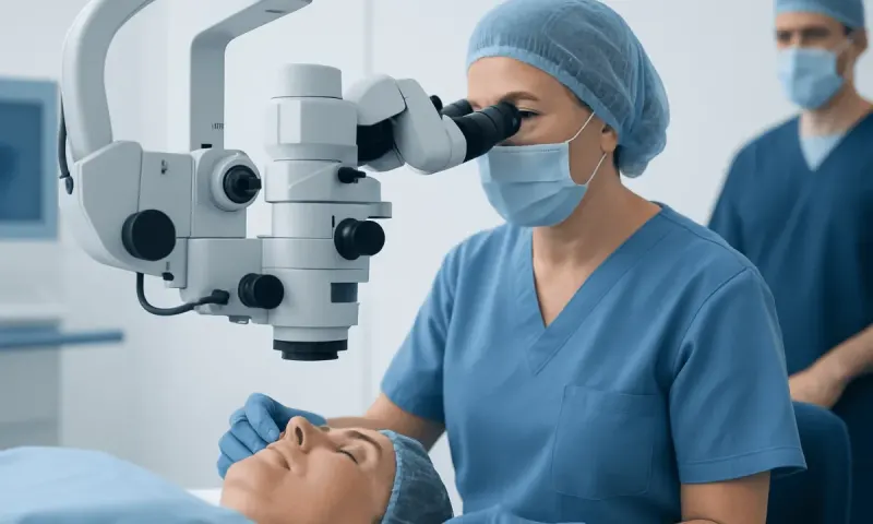 Surgeon performing eye surgery with a microscope at Acibadem Hospital.
