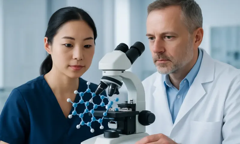 Scientists examining a molecular model through a microscope at Acibadem Hospitals.