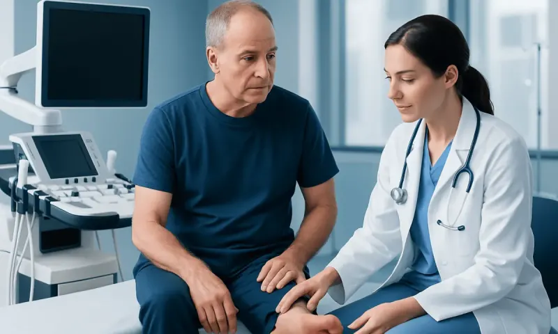 Doctor examining patient's foot in a medical clinic setting.