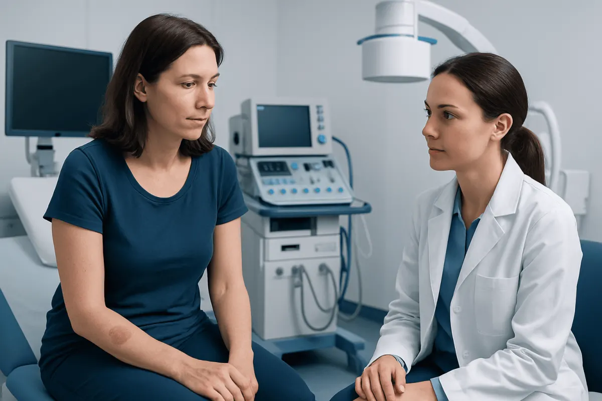 Doctor consulting with patient in a medical examination room.