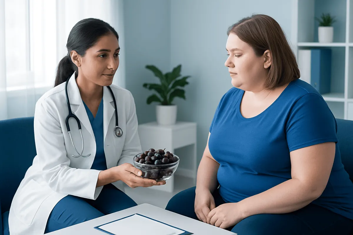 Doctor discussing grapes with a patient in a medical consultation room.