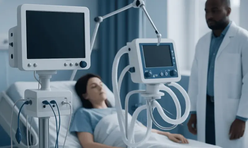 Hospital patient monitored with medical equipment in a clinical setting.