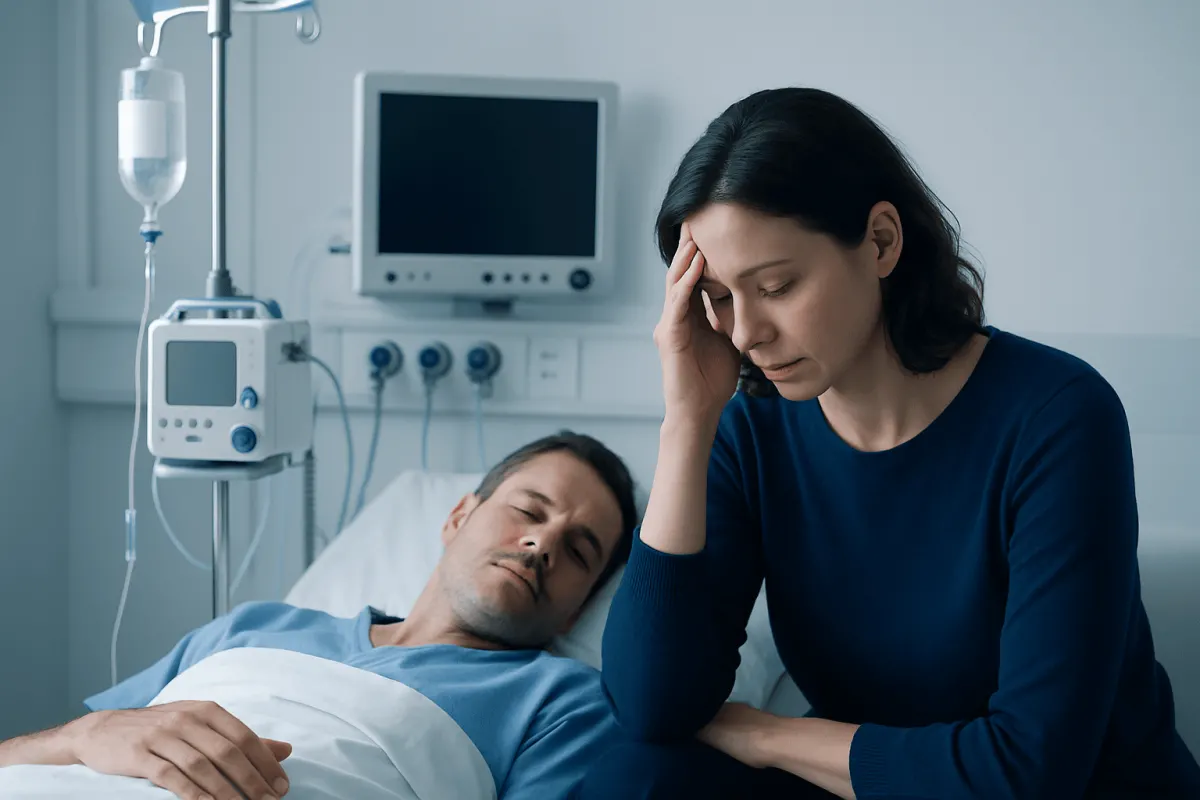 Concerned woman sitting beside a sick man in hospital bed.