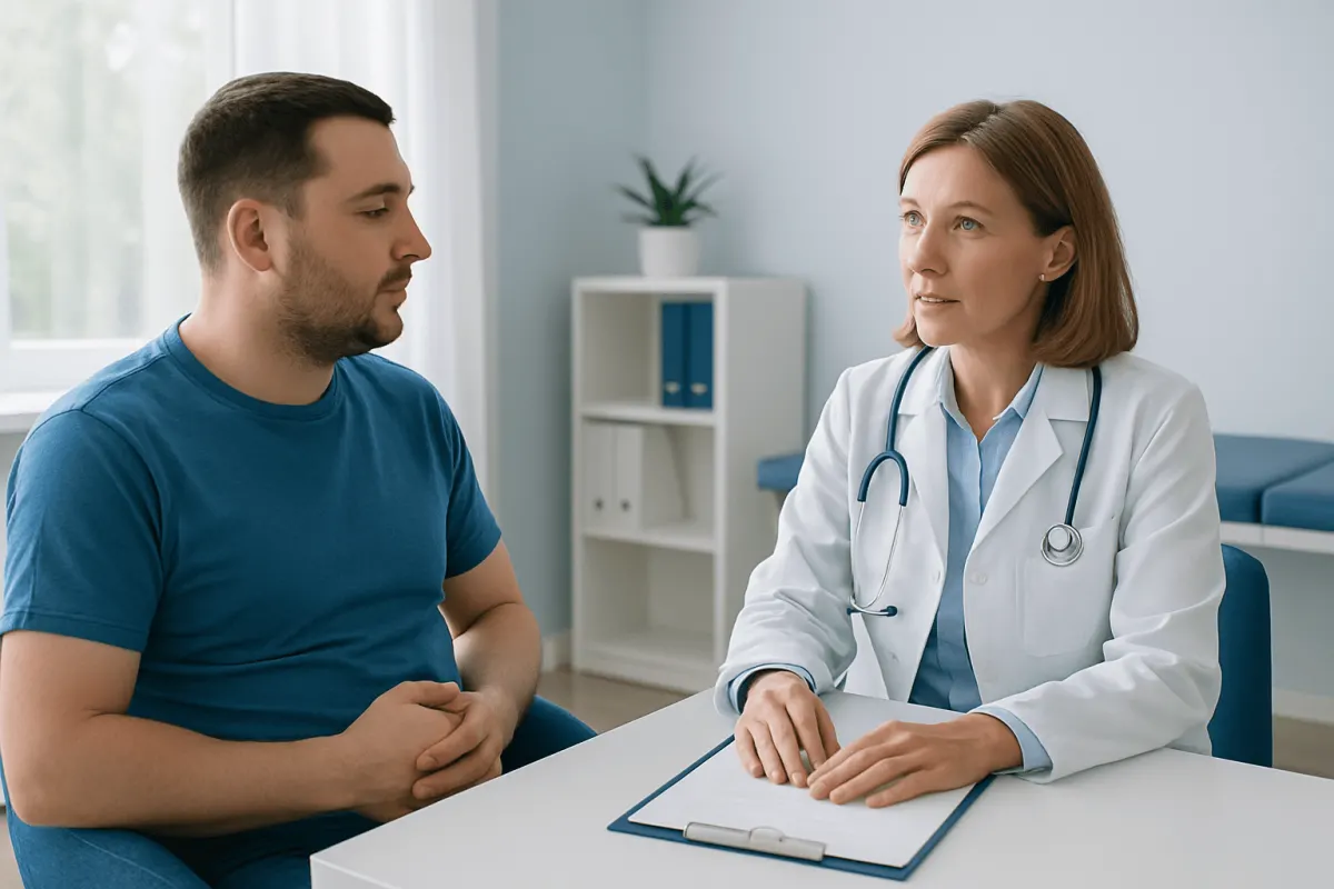 Doctor consulting male patient in a medical office setting.