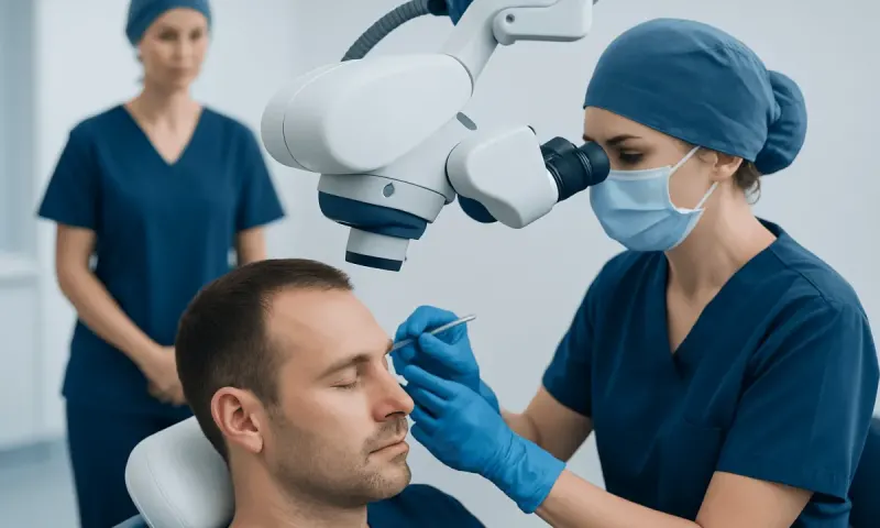 Hair transplant procedure at Acibadem Hospital with medical team and advanced equipment.