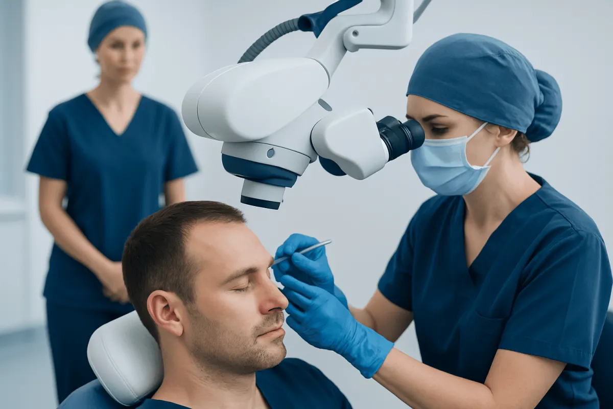 Hair transplant procedure at Acibadem Hospital with medical team and advanced equipment.