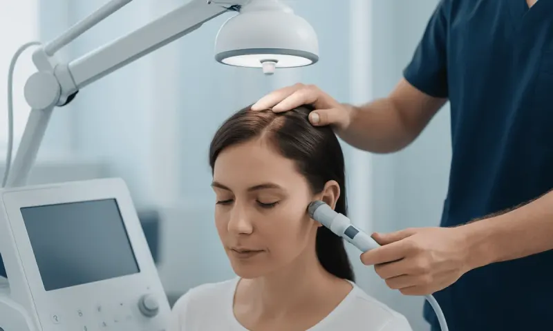 Medical professional examining woman's scalp with specialized equipment at clinic.