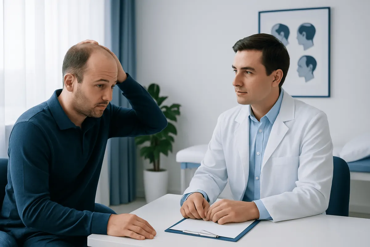 Consultation about hair loss with a doctor and patient in a clinic setting.