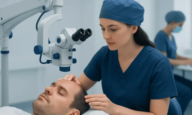 Medical professional performing hair transplant procedure in a clinic.