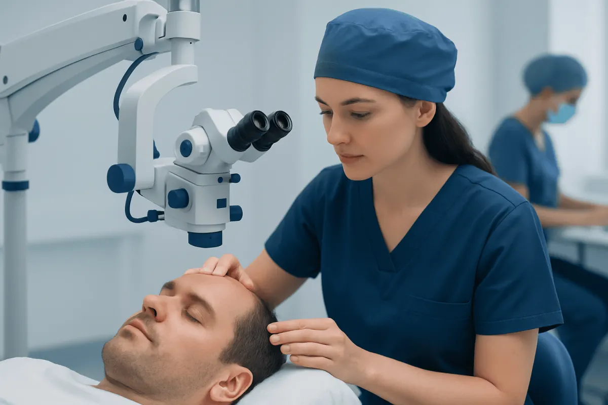 Medical professional performing hair transplant procedure in a clinic.