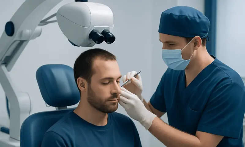 Hair transplant consultation at Acibadem Hospital with medical professional and patient.