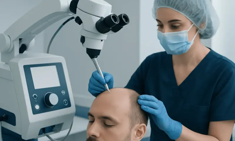 Hair transplant procedure using advanced medical equipment at Acibadem Hospital.