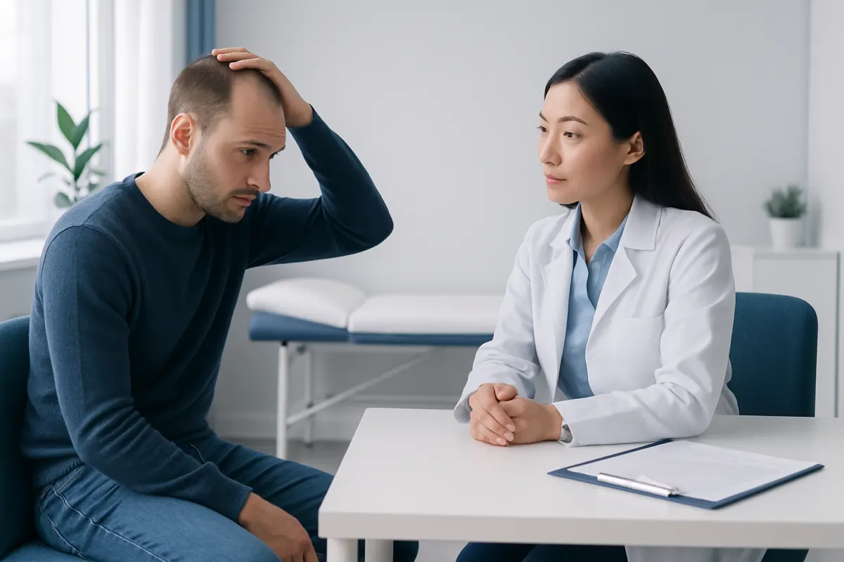 Patient consulting doctor about hair loss treatment options.
