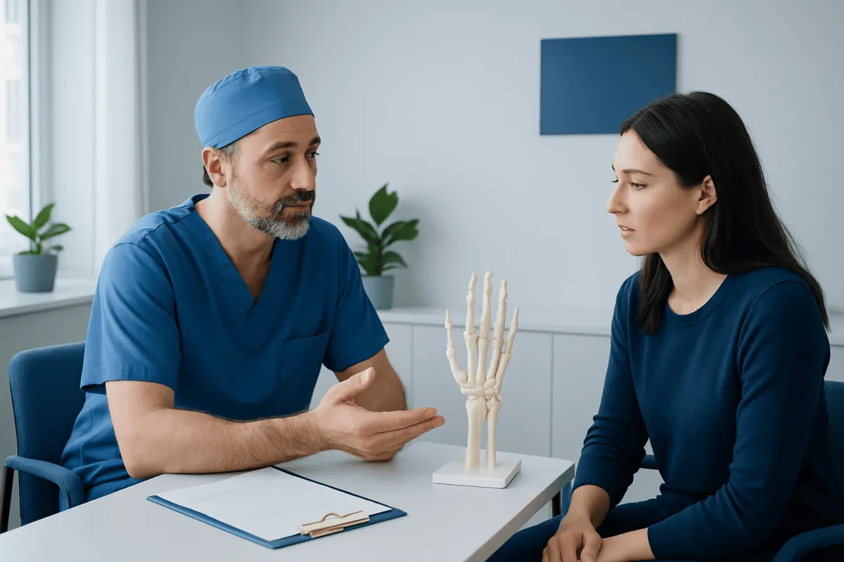 Doctor explaining hand anatomy to patient in consultation room.