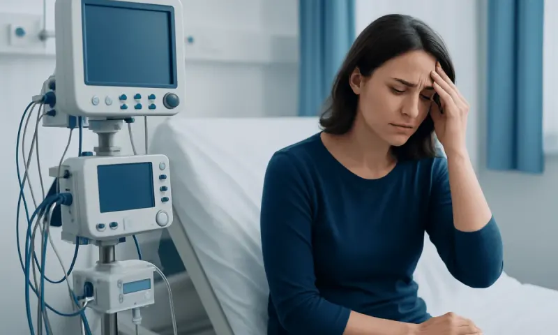 Woman with headache in hospital room with medical monitors.