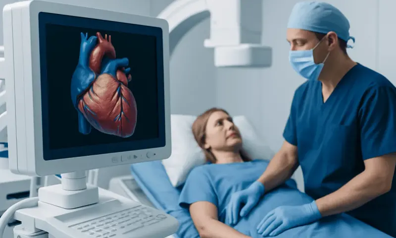 Cardiologist examines patient with heart model and monitor in hospital.
