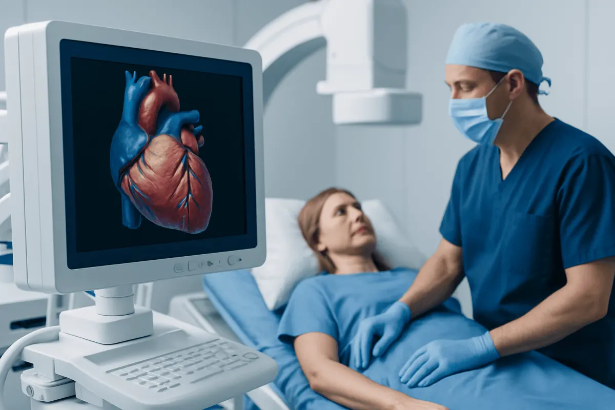 Cardiologist examines patient with heart model and monitor in hospital.