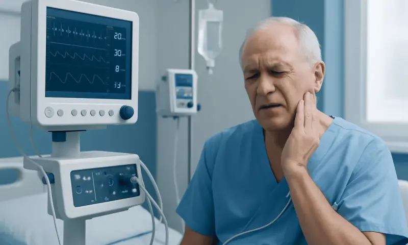 Elderly man experiencing chest pain in hospital room with monitoring equipment.