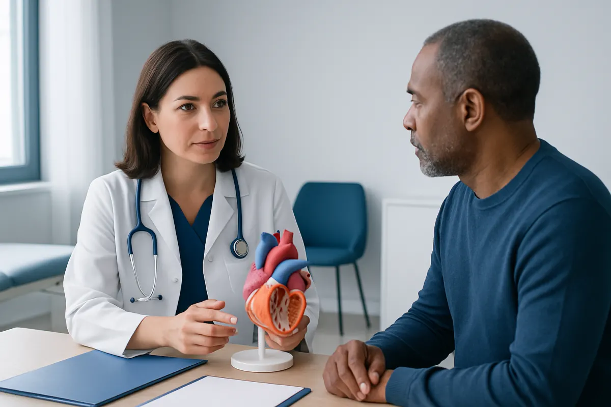 Doctor explaining heart stent procedure to patient with heart model.