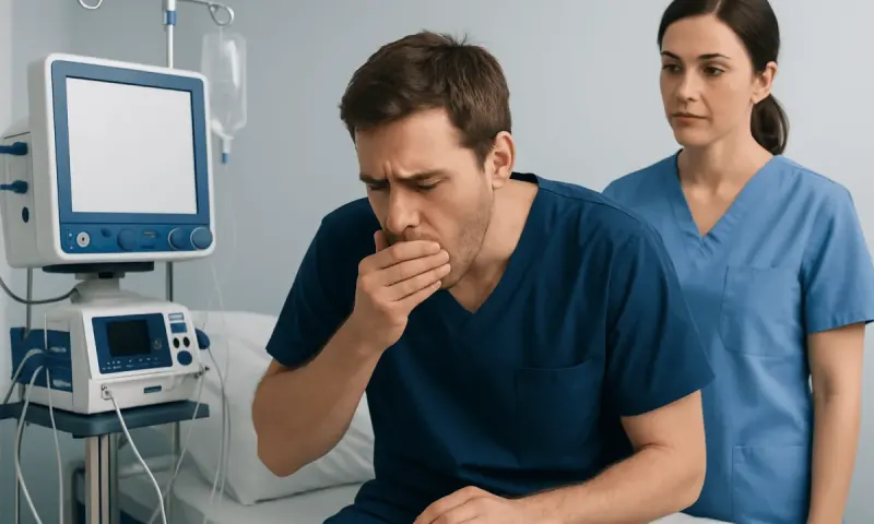 Patient experiencing chest pain in hospital bed with medical staff nearby.