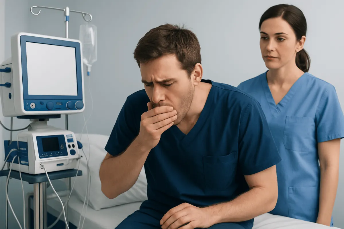 Patient experiencing chest pain in hospital bed with medical staff nearby.