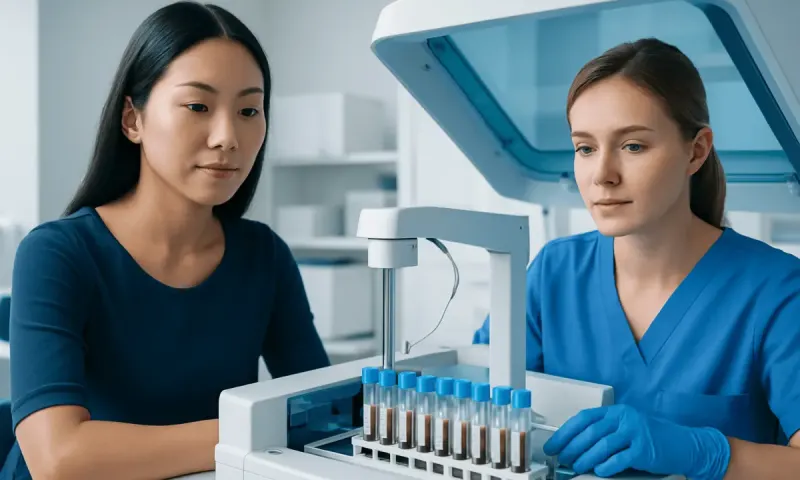 Laboratory technicians analyzing blood samples for hepatitis B testing.