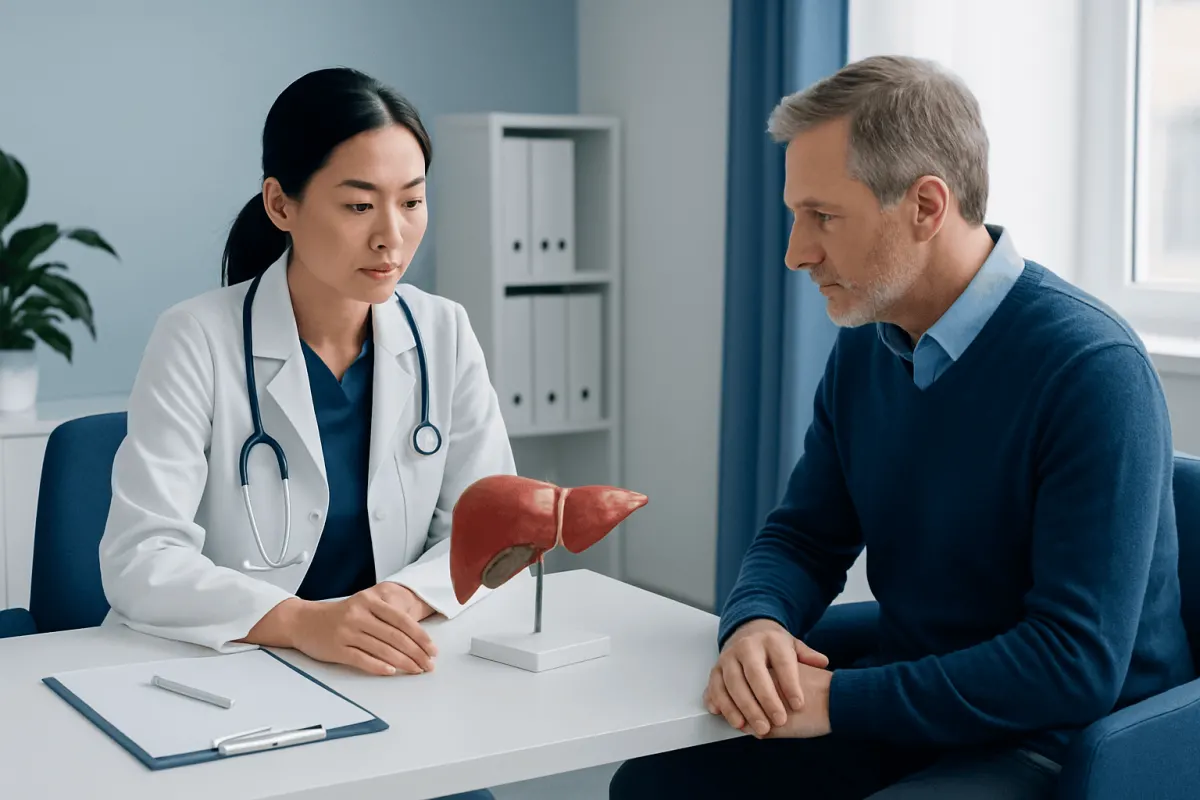 Doctor explaining liver health to a patient in a medical consultation.