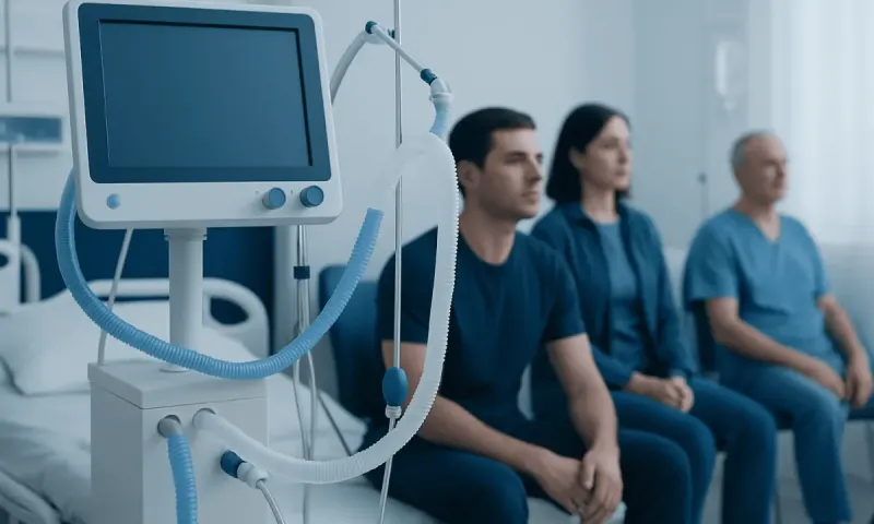 Patients waiting in a hospital room with medical equipment nearby.