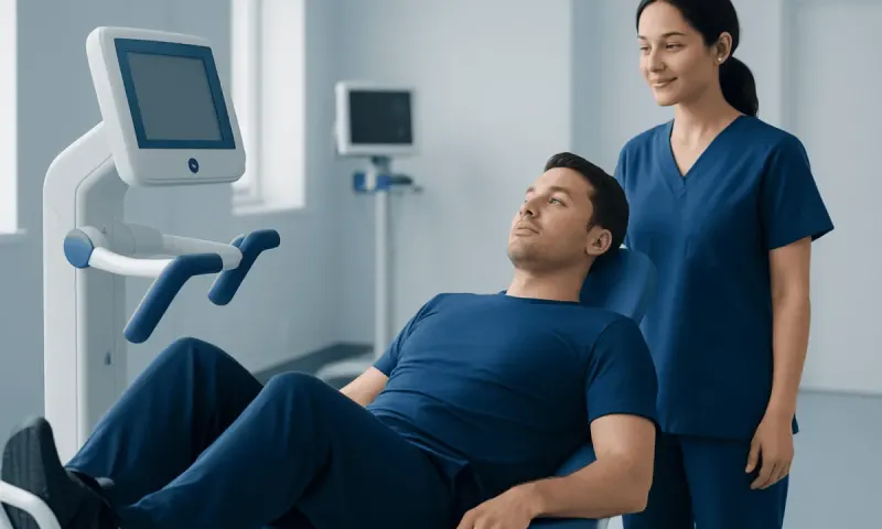 Patient undergoing hernia recovery consultation at Acibadem Hospital.