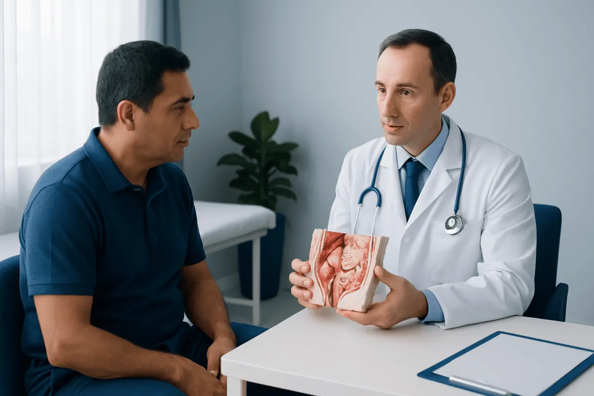 Doctor explaining hernia surgery with anatomical model to patient in clinic.
