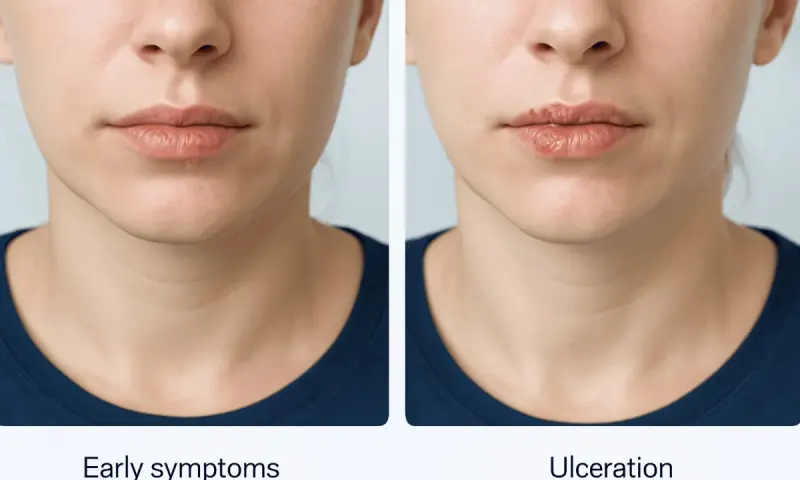 Comparison of early herpes symptoms and ulceration on lips.