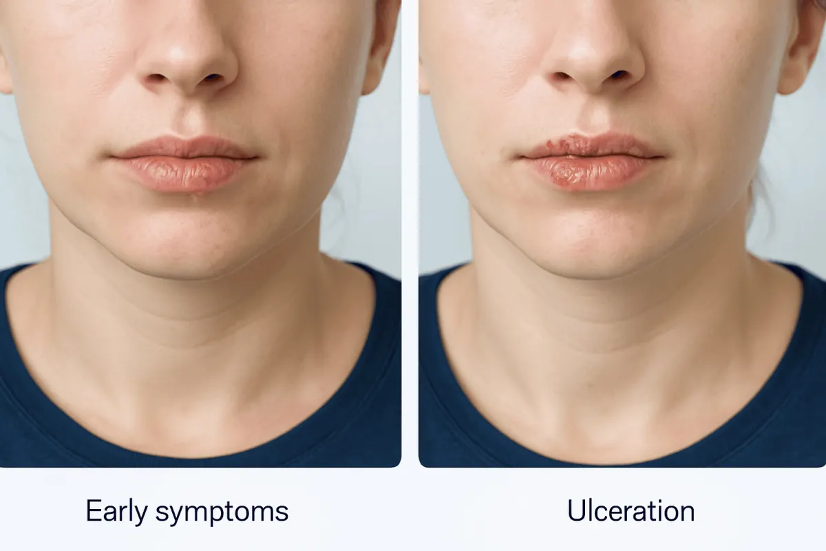 Comparison of early herpes symptoms and ulceration on lips.