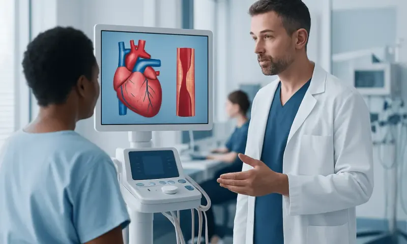 Doctor explaining heart health to patient in hospital setting.