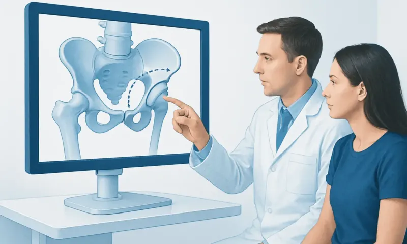 Doctor explaining pelvic anatomy on digital screen to patient.