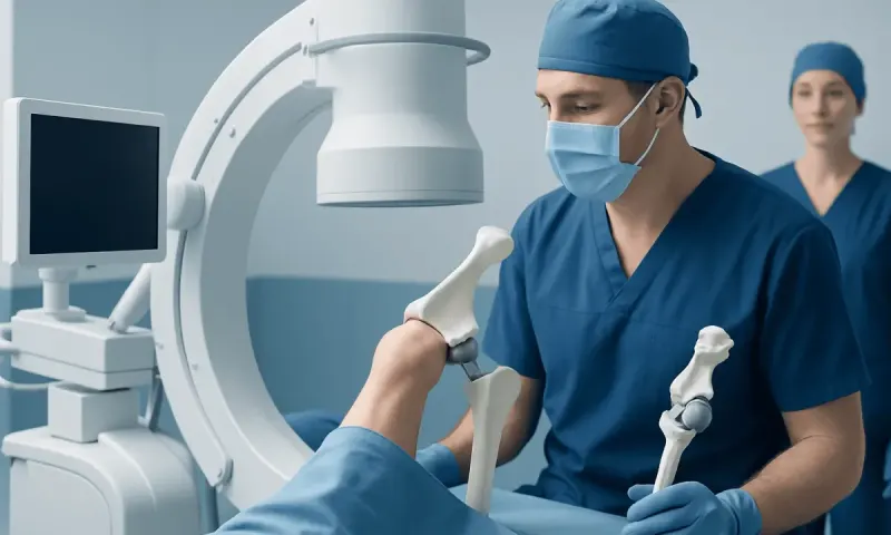 Orthopedic surgeon performing hip replacement surgery in the operating room.