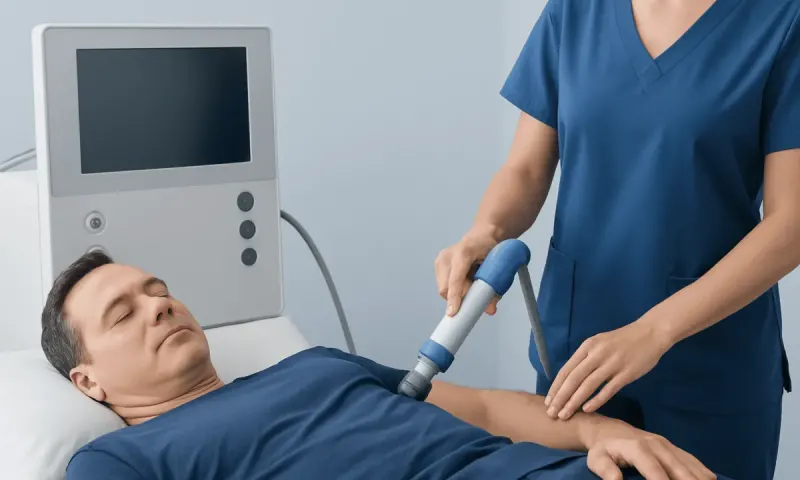 Medical professional performing hip therapy with ultrasound device on patient.