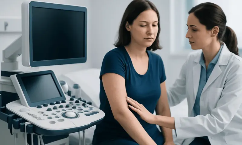 Doctor examining a patient with an ultrasound machine in a clinical setting.