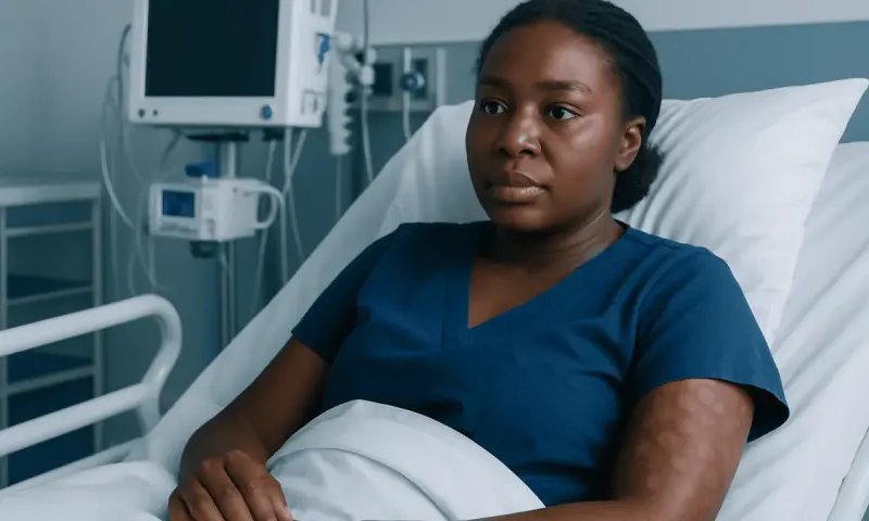 Patient in hospital bed with medical monitors in background.
