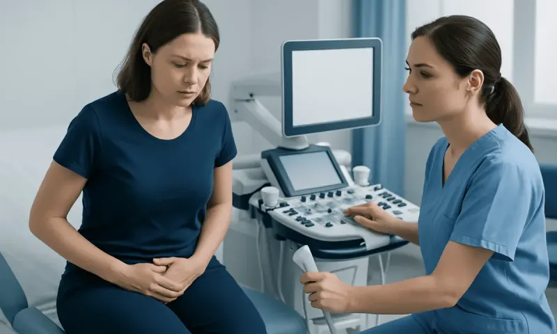 Woman undergoing ultrasound examination in a medical clinic.