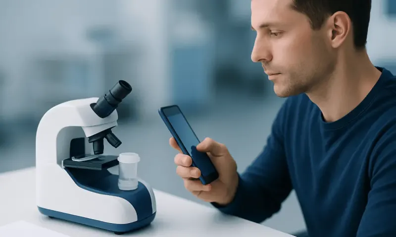 Man using smartphone near microscope for sperm analysis at home.