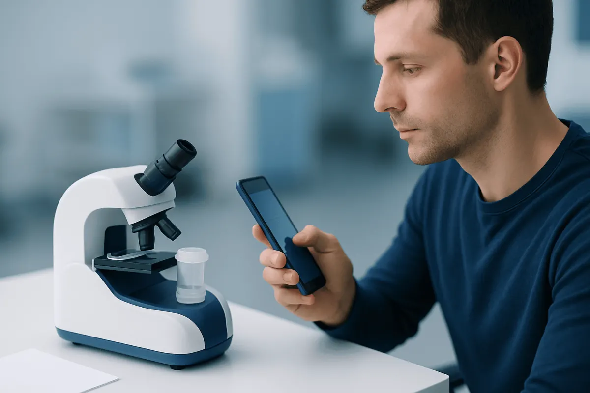 Man using smartphone near microscope for sperm analysis at home.