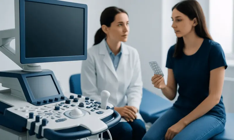 Doctor explaining ultrasound results to a patient in a medical clinic.